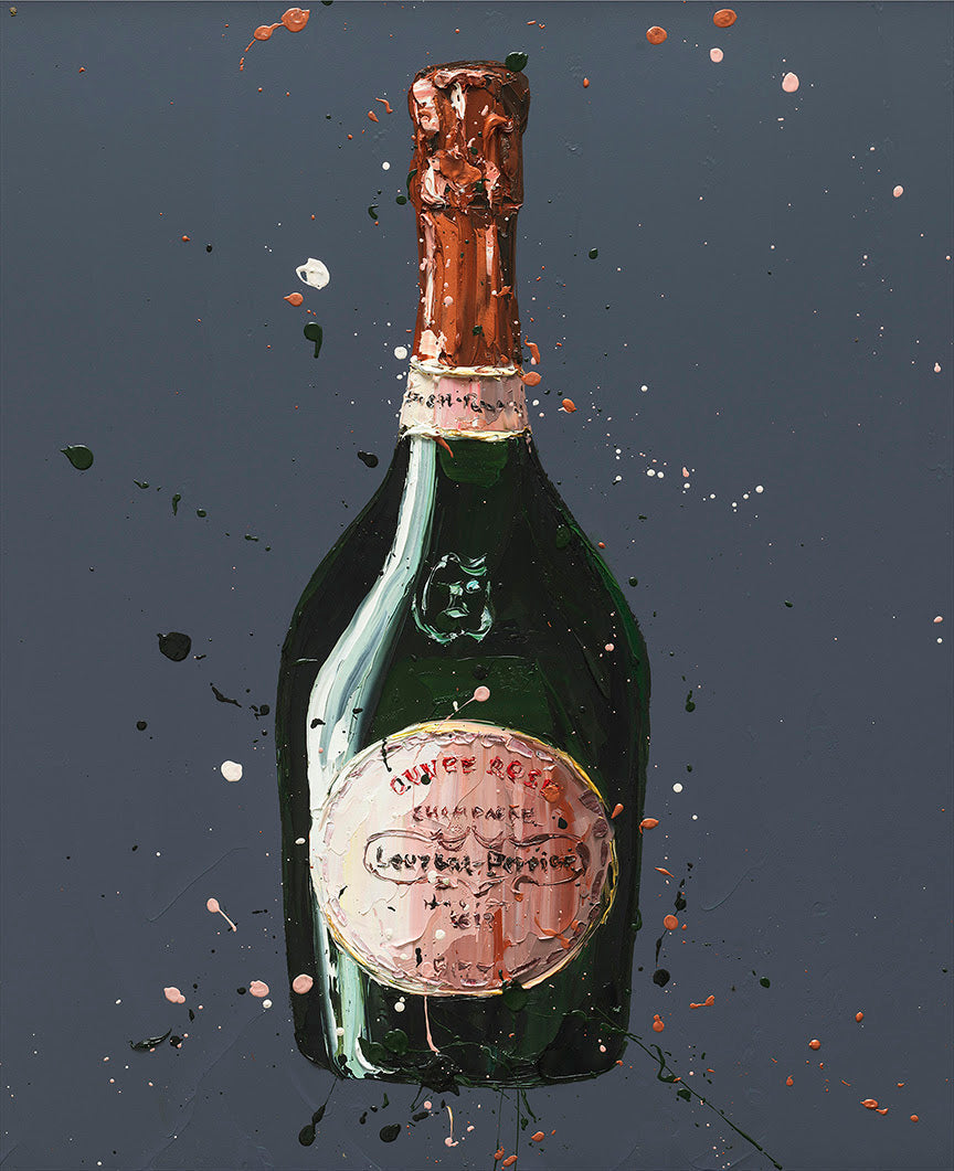 Champagne bottle canvas print by Paul Oz, hand-embellished in green, copper and pink with a splattered finish.