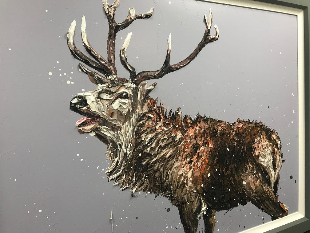 Hand-embellished canvas by Paul Oz featuring a textured brown stag with large antlers against a grey field.