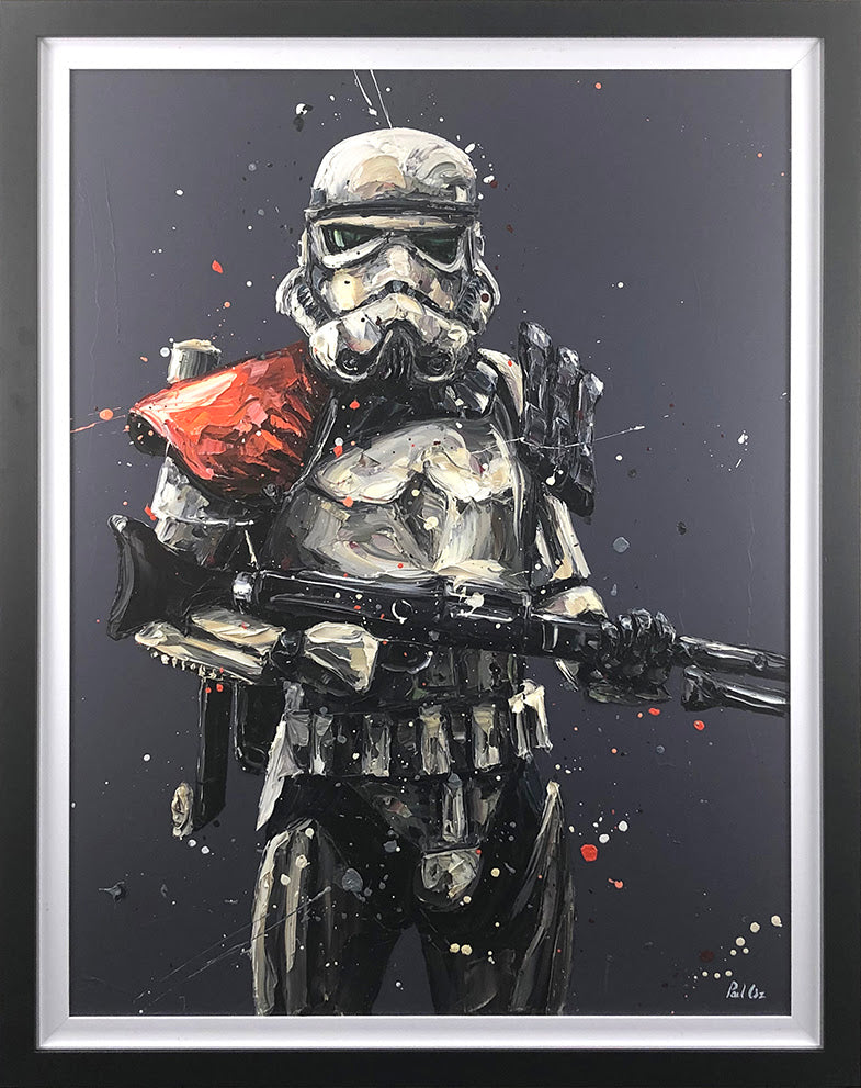Hand-embellished canvas by Paul Oz featuring a white and black Sandtrooper with a bright red shoulder pad and blaster.