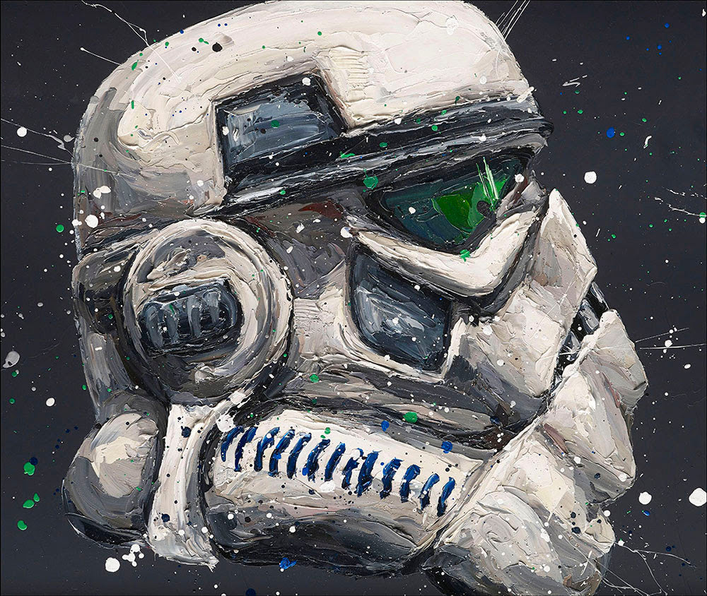 Not Short Just Unsighted hand embellished canvas limited edition print by Paul Oz featuring a textured Stormtrooper helmet design