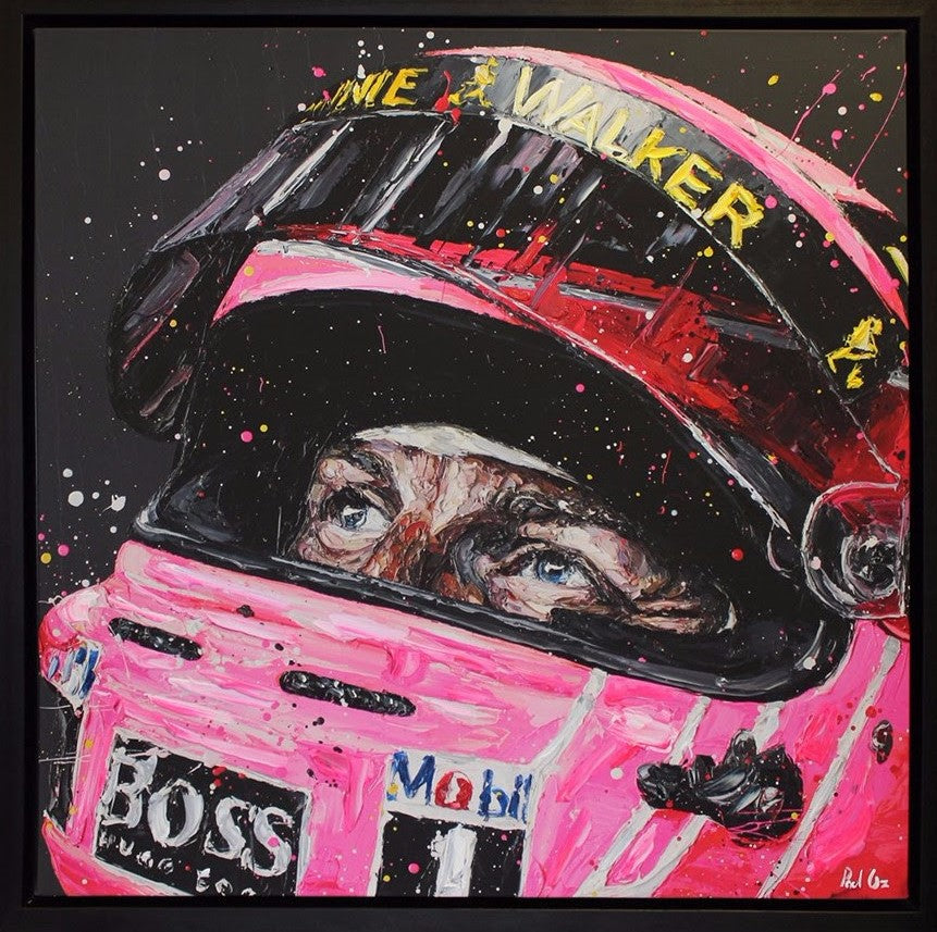 Limited edition hand embellished canvas portrait of a race car driver in pink helmet by Paul Oz