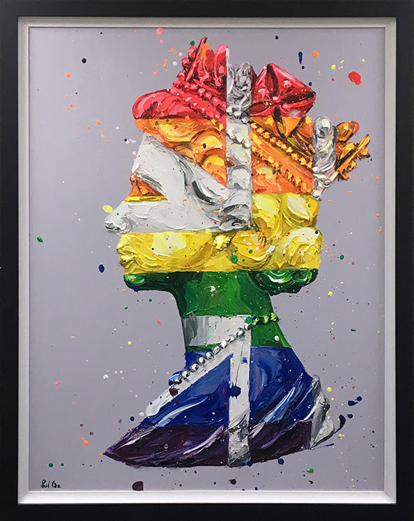 Hand embellished canvas by Paul Oz, featuring a colourful layered queen’s profile in a splattered pop-art style.