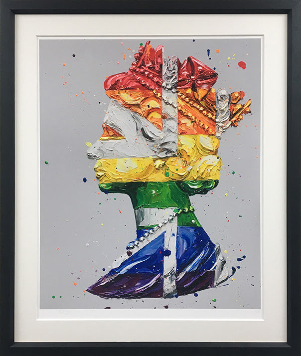 Paper print by Paul Oz of a colourful burger topped with seafood, painted in thick, textured strokes with scattered splashes.
