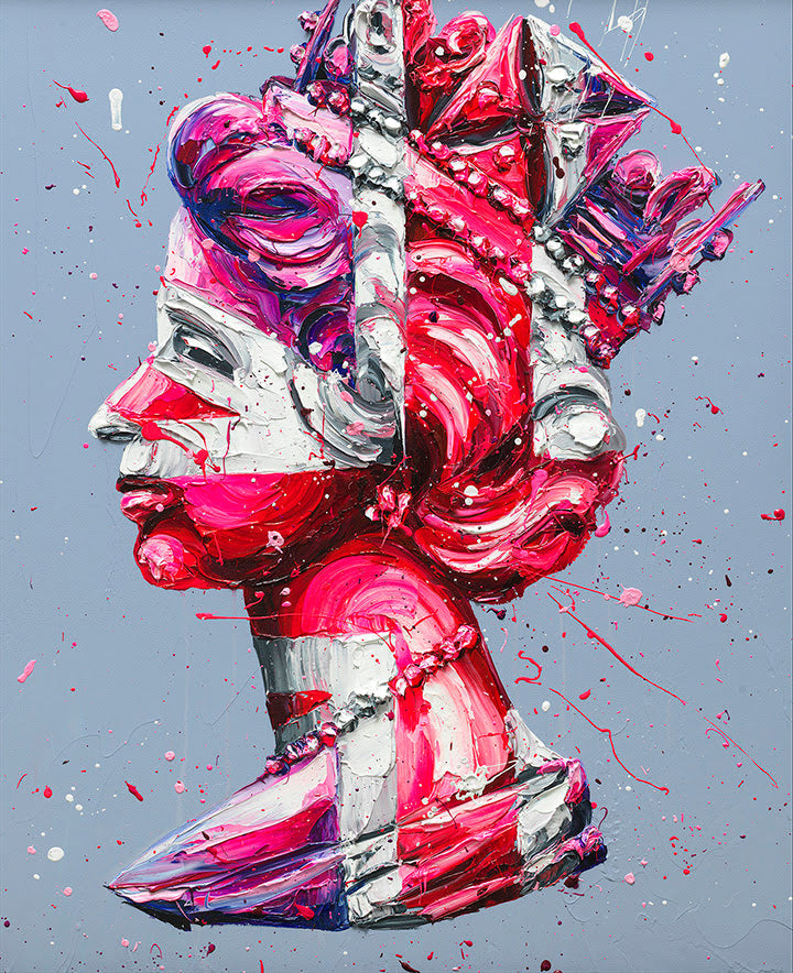 Queen portrait canvas by Paul Oz in vivid pink, red, white and grey, with Union Jack motifs and expressive paint splatters.