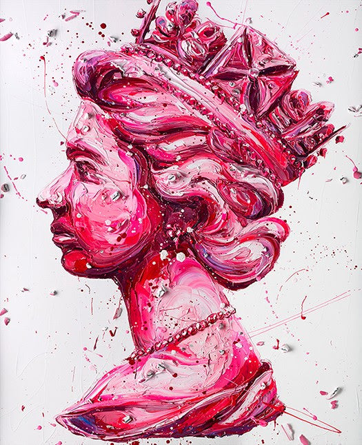 Queen of Rock hand embellished canvas portrait in pink tones by Paul Oz, limited edition signed print with free UK delivery