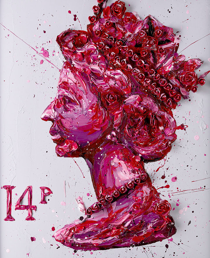 Paper print by Paul Oz depicting a queen’s profile in vivid pink and red roses, with expressive paint splatters.