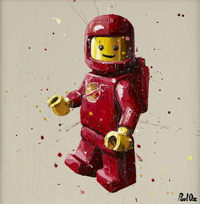 Red Lego astronaut hand embellished canvas art by Paul Oz limited edition print