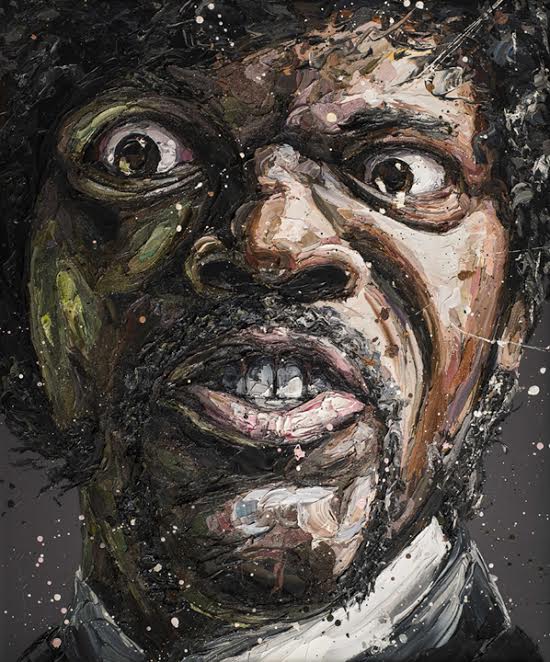 Say What hand embellished canvas portrait by Paul Oz featuring intense expression of Samuel L Jackson limited edition print