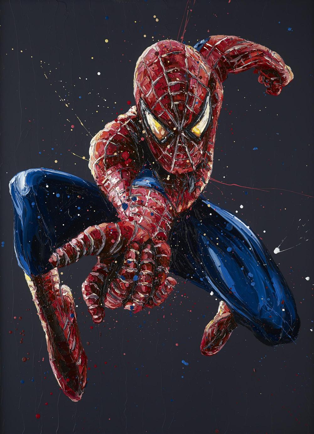 Spidey hand embellished canvas print by Paul Oz with dynamic pose and vibrant colors