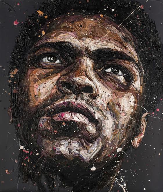 Hand embellished canvas portrait of Muhammed Ali titled The Astronaut by Paul Oz, limited edition print.