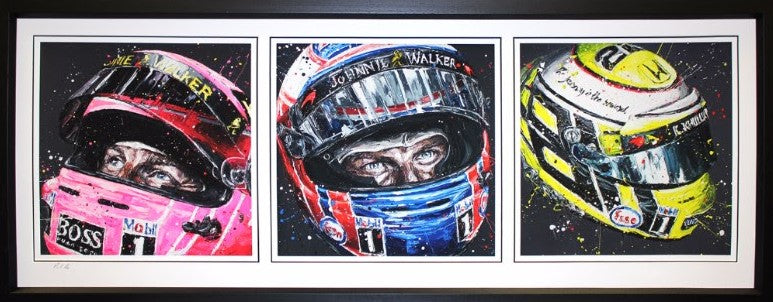 Limited edition Paul Oz giclee print featuring racing helmets, hand signed by the artist, framed 20x47 inches