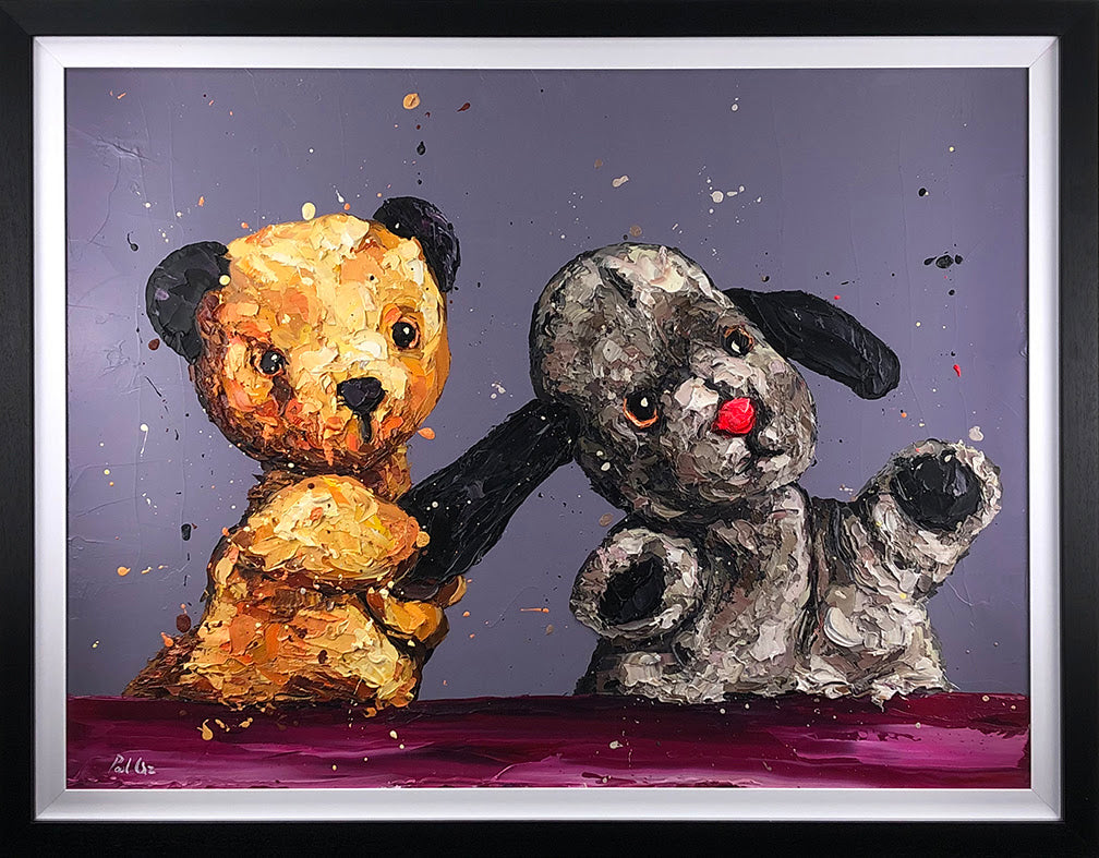 Hand-embellished canvas by Paul Oz, featuring textured yellow teddy bear and grey dog against a purple backdrop.