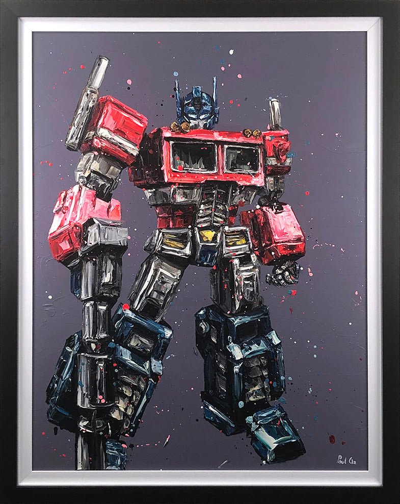 Hand embellished canvas by Paul Oz featuring a red, black and silver robot in a bold, splattered style.