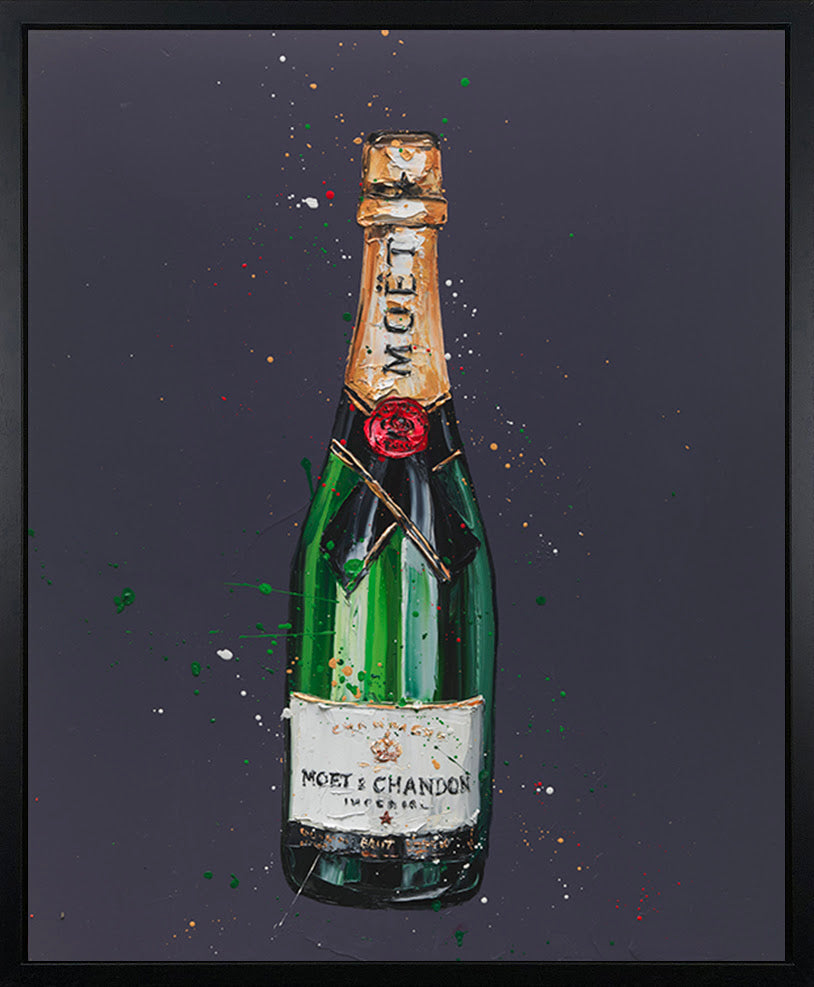 Champagne bottle canvas print by Paul Oz, featuring a green Moët & Chandon bottle with gold foil and colourful paint splatters.