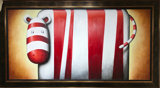 Original oil painting "George Didn't Like His Tail That Much" by Peter Smith featuring a red and white striped abstract animal with a curved tail