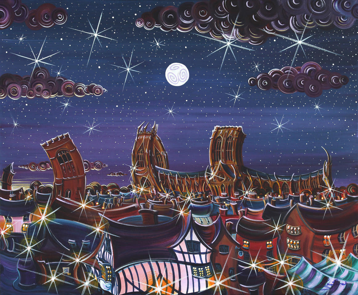 Original acrylic painting by Rayford, depicting Viking longships beneath a starry blue-purple sky with swirling clouds.