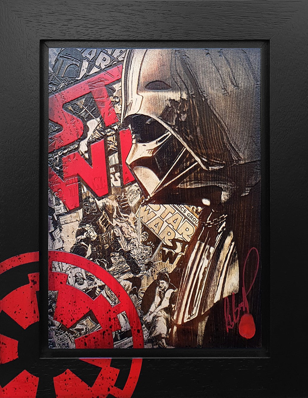 Original mixed media Star Wars Vader artwork by Rob Bishop, hand signed, framed in bespoke wooden frame