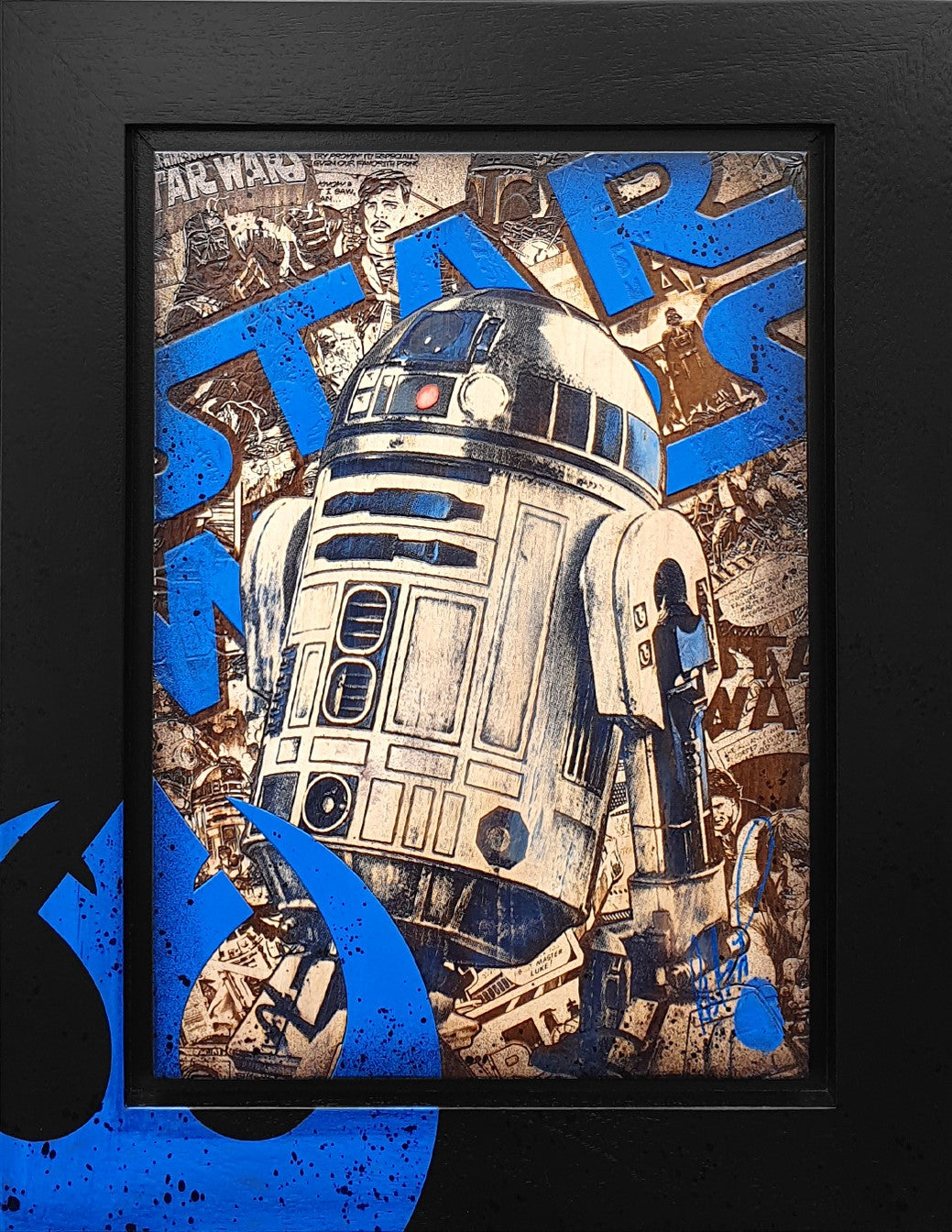 Original mixed media R2D2 artwork by Rob Bishop with wooden frame and signature