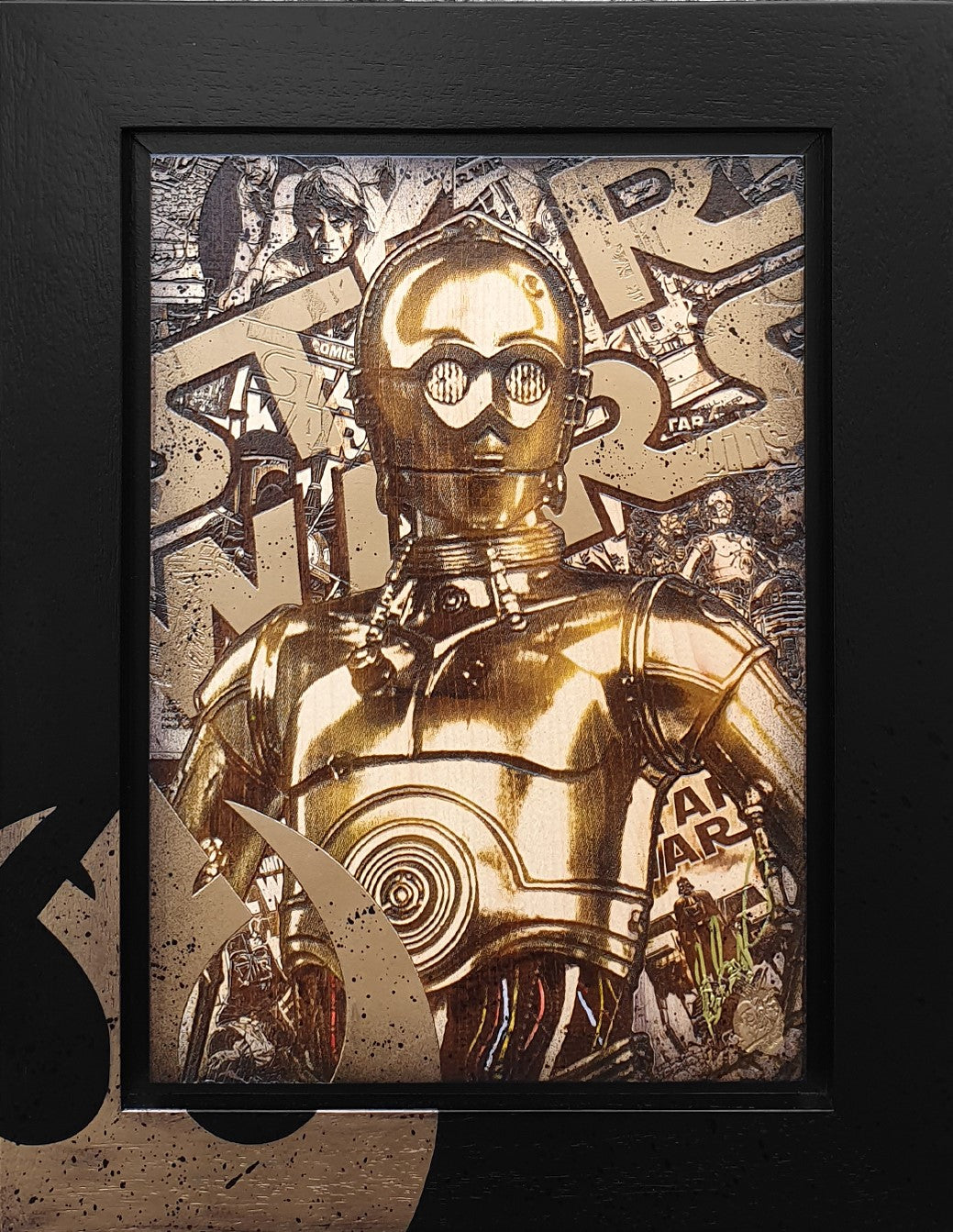 Original variation mixed media artwork of Star Wars character C-3PO by Rob Bishop in a black frame