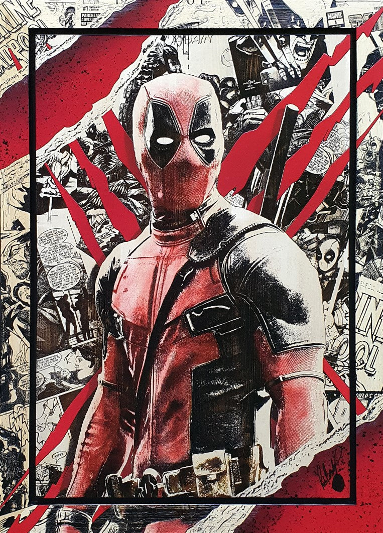 Original variation Deadpool mixed media artwork by Rob Bishop with hand-painted details and maple veneered board background.