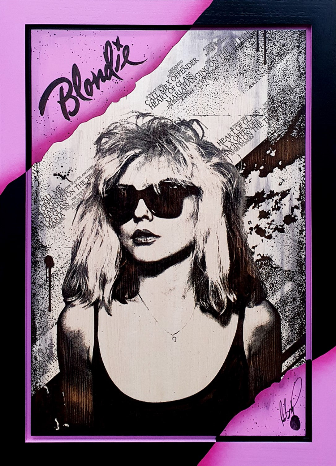 Original mixed media artwork of Debbie Harry by Rob Bishop with hand-painted details and a bespoke wooden frame