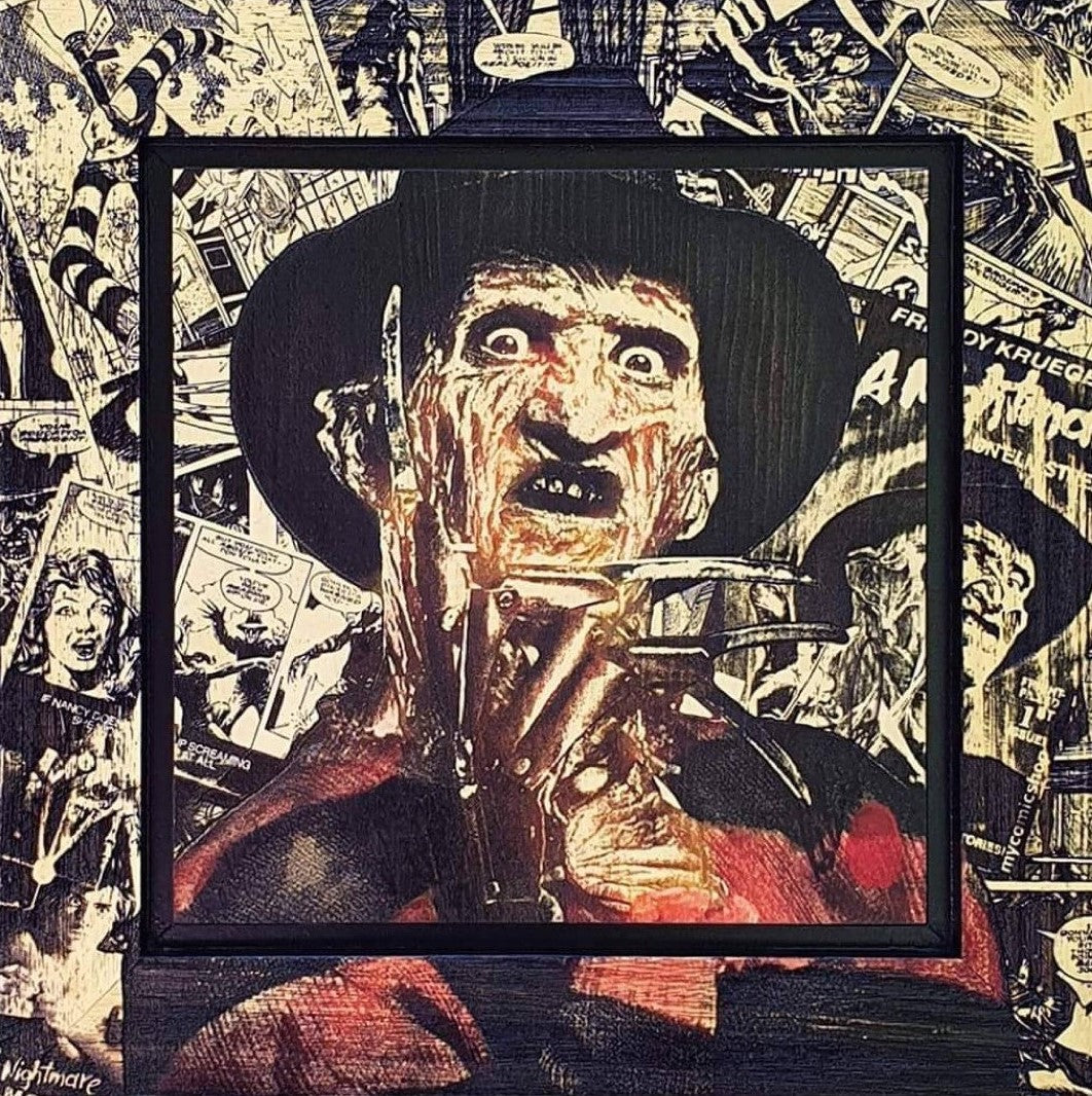 Freddy Kruger mixed media artwork by Rob Bishop with hand-painted wooden frame and layered wood stains