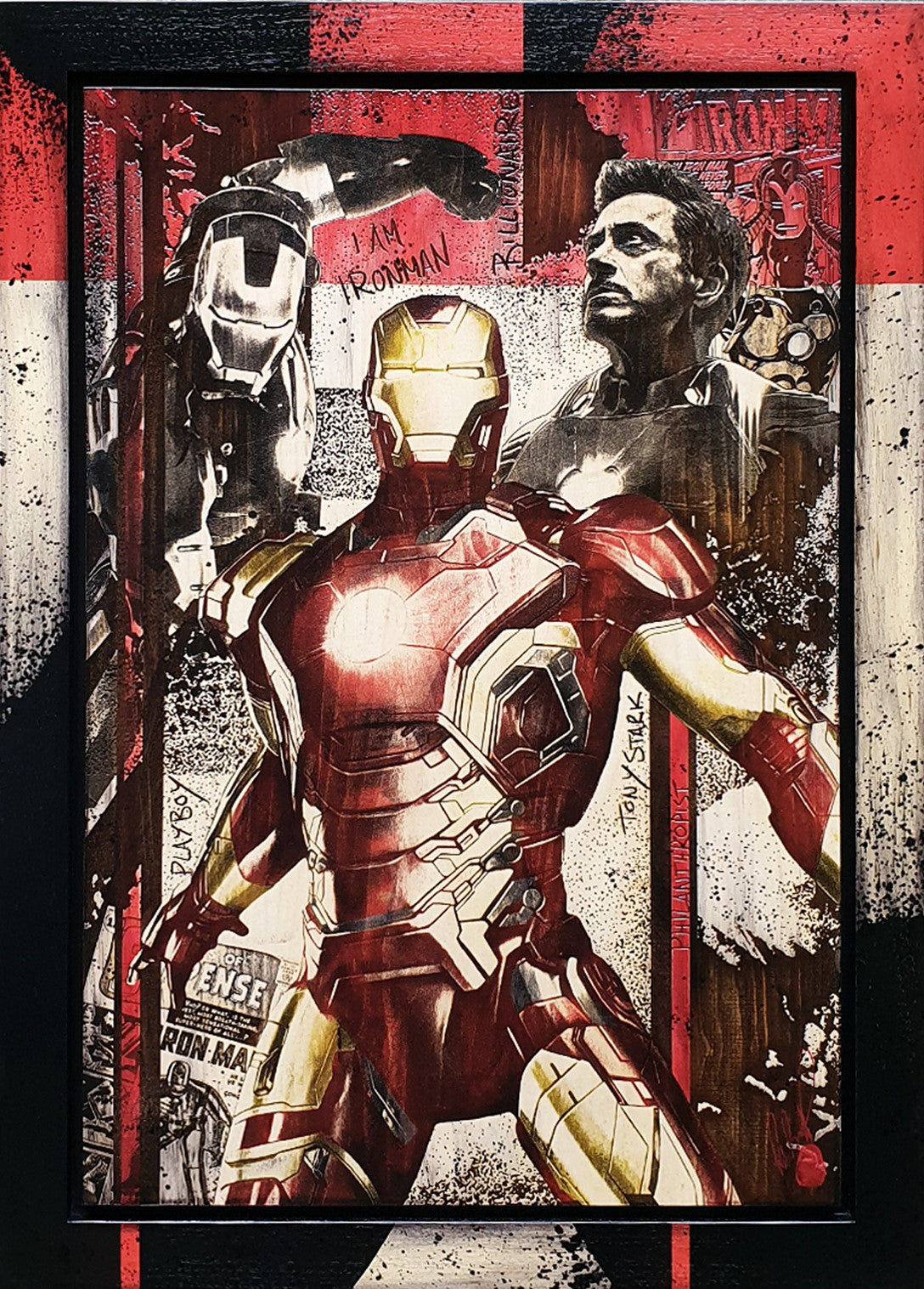 Original mixed media artwork of Ironman by Rob Bishop with hand-painted details and custom wooden frame