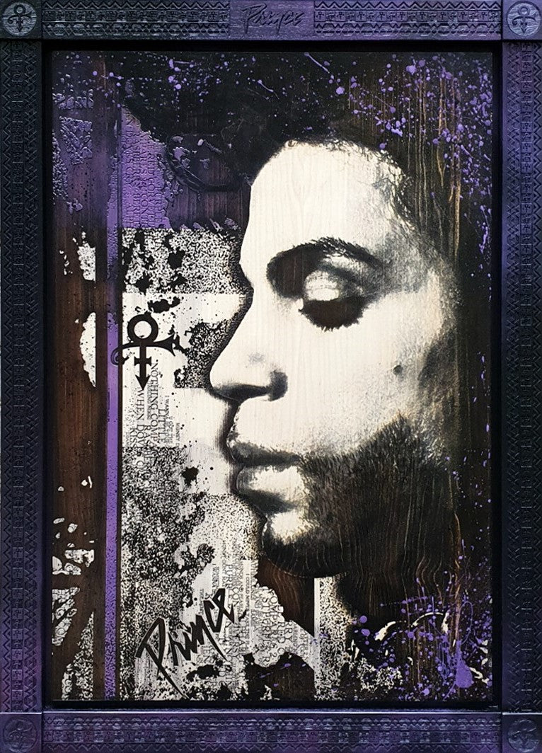 Original variation mixed media portrait of Prince by Rob Bishop with hand-painted wood stains and bespoke wooden frame