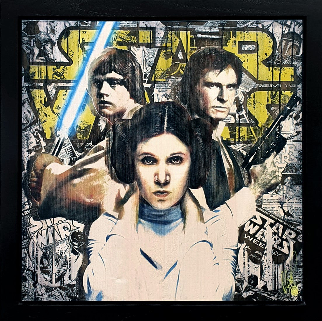 Original Star Wars Rebel Alliance mixed media artwork by Rob Bishop featuring Luke Skywalker, Princess Leia, and Han Solo in a 34x34 inch framed piece