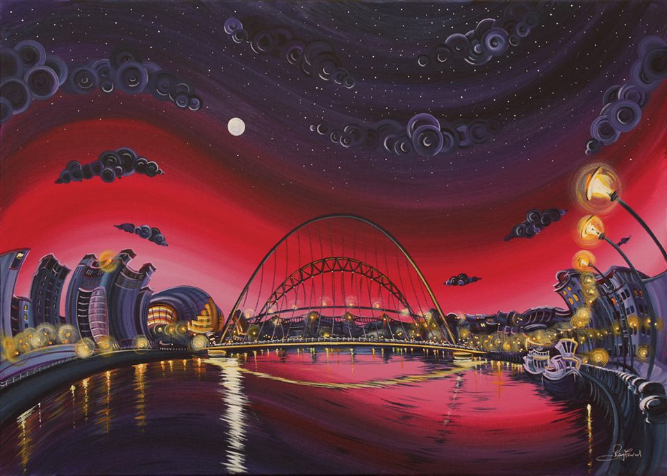 Limited edition Rayford giclee print Spending Quality Tyne with vibrant night sky and cityscape reflection on water