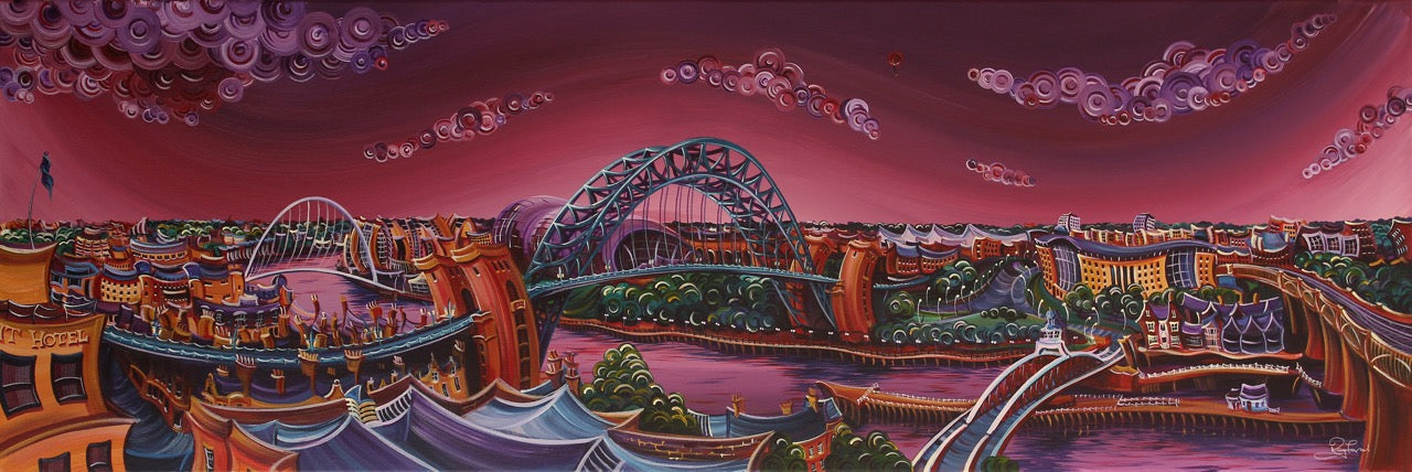 Summer Tyne original acrylic on canvas painting by Rayford featuring a vibrant cityscape with bridges and a purple sky