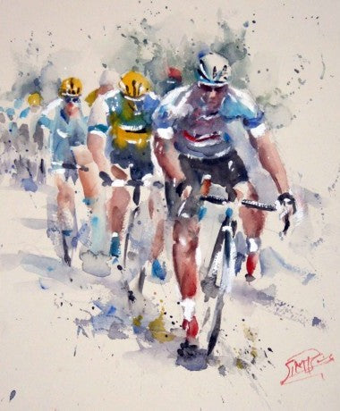 Limited edition giclee print "Setting The Pace" by Roger Simpson depicting cyclists in a race, hand signed and mounted.