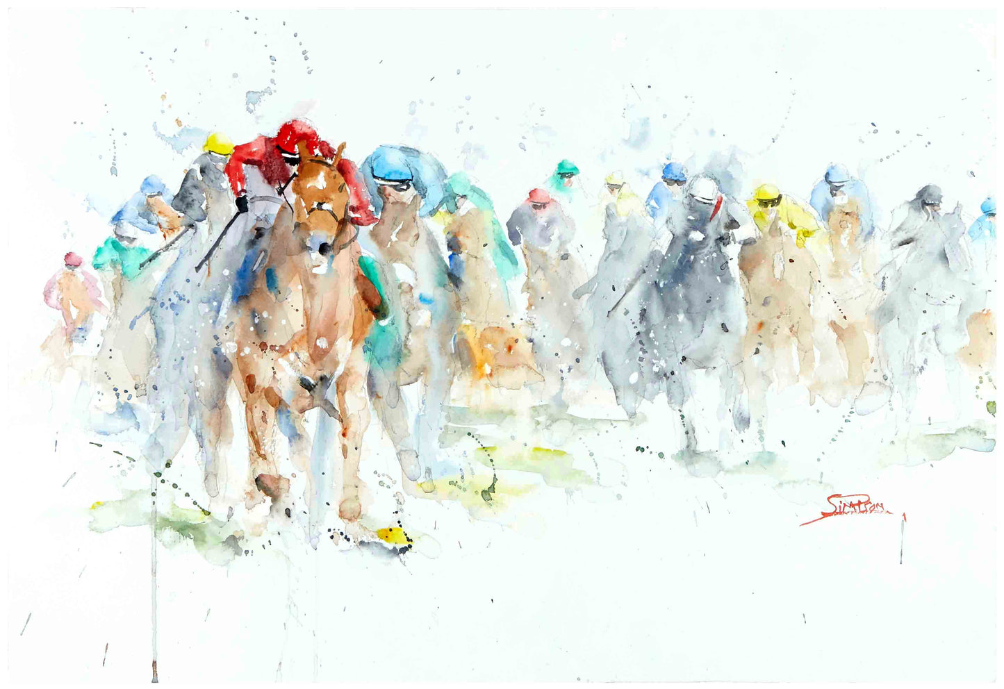 Leading The Pack horse racing watercolor print by Roger Simpson, limited edition giclee on paper 12x16 inches, hand signed.