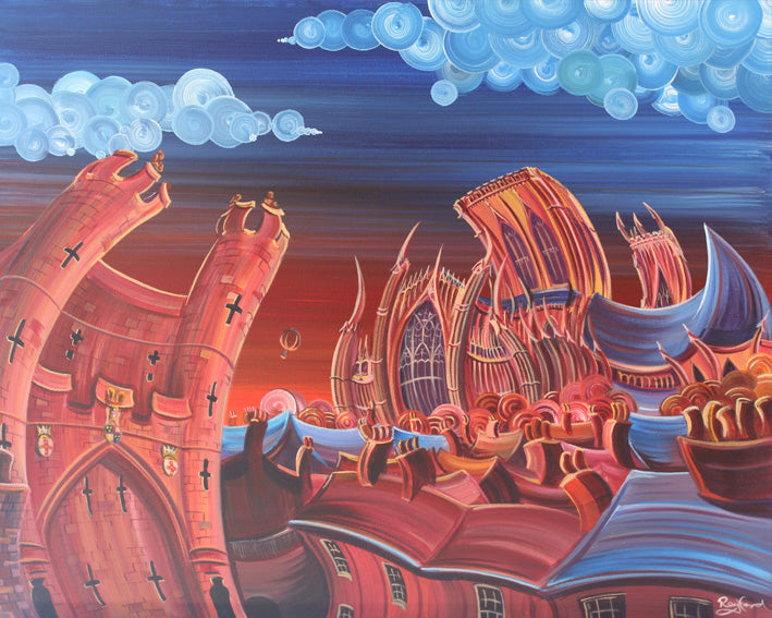 Limited edition giclee print Raising The Bar by Rayford featuring surreal distorted castle and sky with clouds, hand signed by the artist.