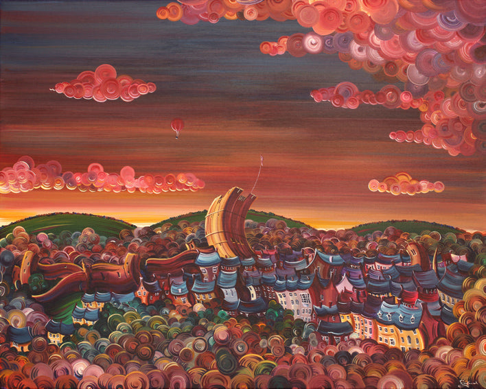 Red sky at night limited edition Giclee print by Rayford with colorful swirling clouds and abstract village scene