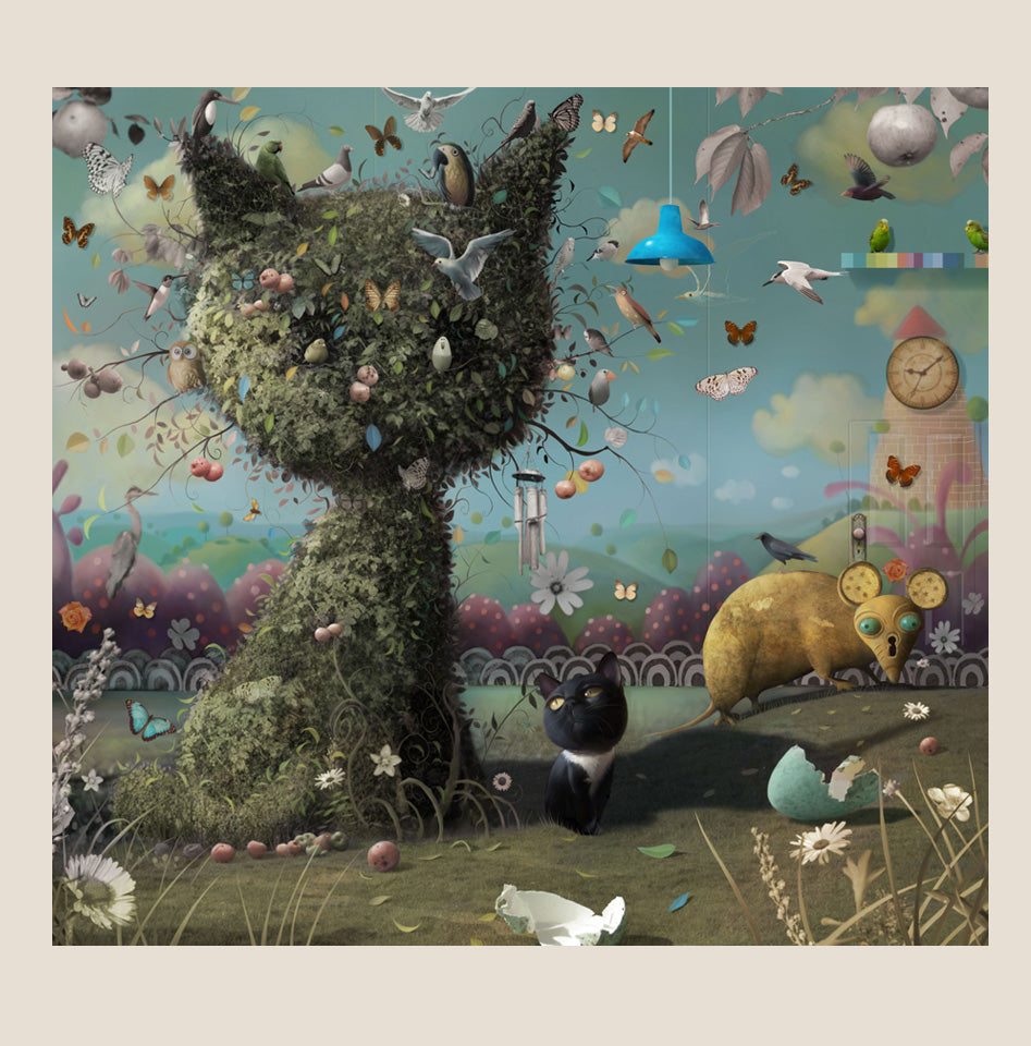 Limited edition Giclee print "Natural Instincts" by Stephen Hanson featuring whimsical nature-inspired cat and wildlife scene