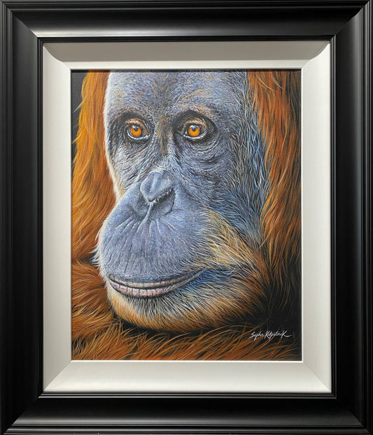 Suki Orangutan Original by Sophie Kilpatrick mixed media portrait of orangutan in black frame