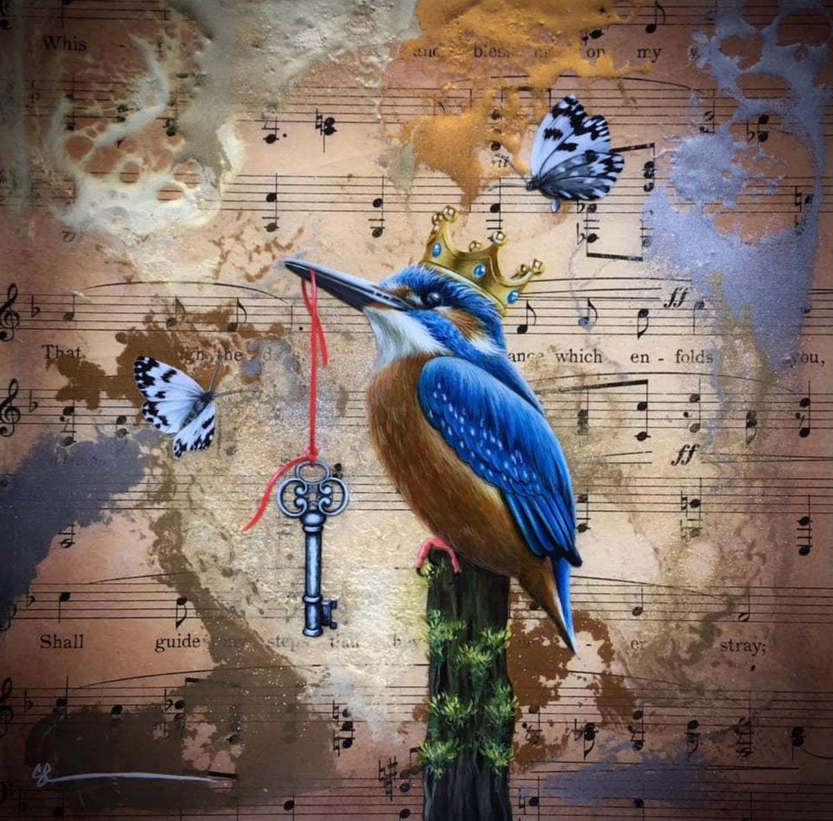 Mixed media kingfisher artwork in vivid blue and orange, with a crown, key and butterflies; When the Wind Became Still Original by Sarah Louise Ewing