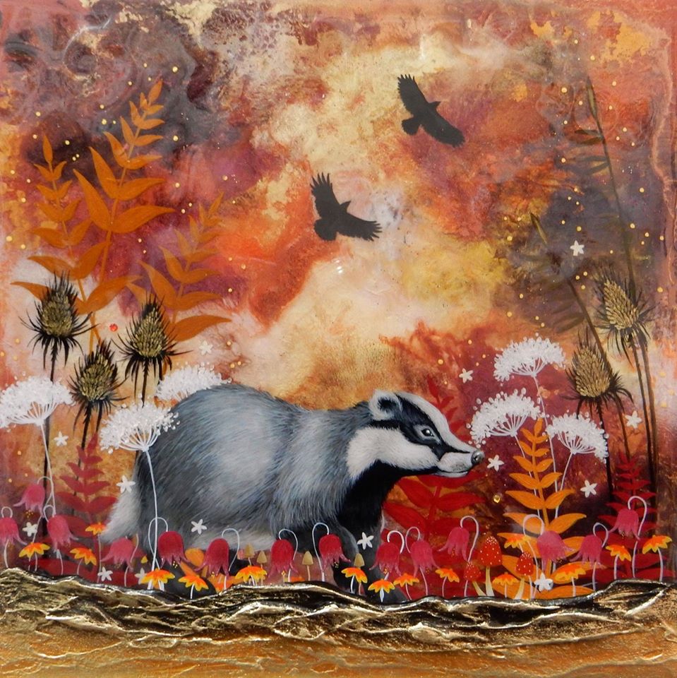 Original mixed-media badger artwork, Into Deep Country Original by Sarah Louise Ewing, with birds, wildflowers and a fiery orange sky.