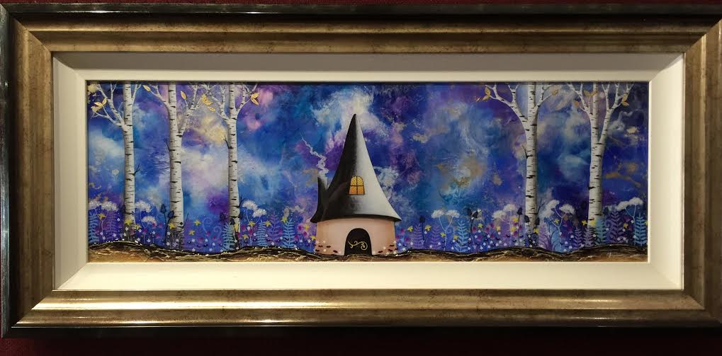 Original forest landscape artwork in mixed media, featuring a whimsical pointed-roof cottage among blue birch trees; Through a Forest Wilderness Original by Sarah Louise Ewing