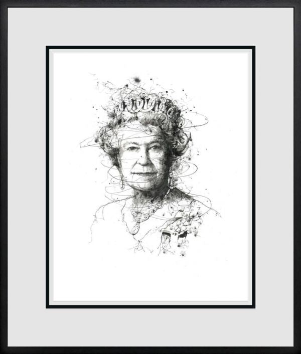 Limited edition Scott Tetlow print of Queen Elizabeth II in a black-and-white sketch, framed with a black border.