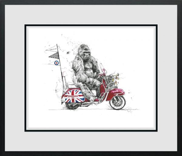 Limited edition Scott Tetlow print featuring a sketch of a gorilla riding a red scooter with a Union Jack design.