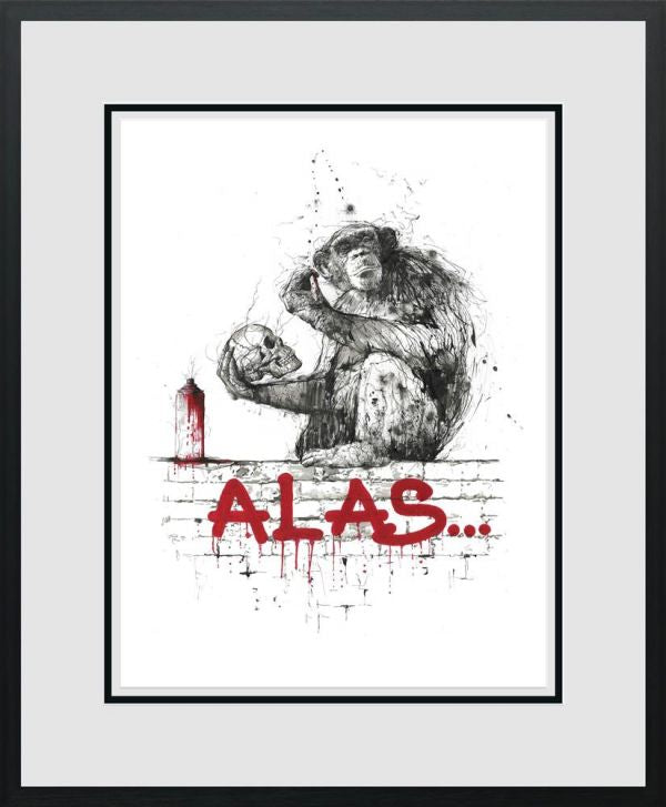 Limited edition Scott Tetlow print featuring a black and grey chimpanzee sketch with bold red “ALAS” lettering.