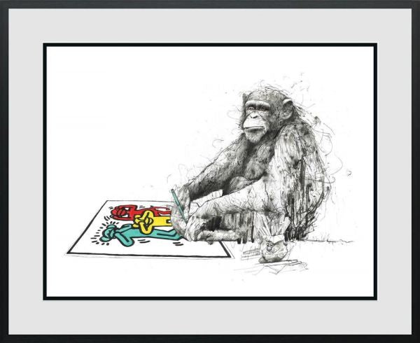 Limited edition print by Scott Tetlow, a sketchy monochrome chimpanzee painting a colourful abstract picture in bold red, yellow and turquoise.