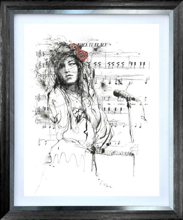 Limited-edition Scott Tetlow print on paper, monochrome sketch of a woman with red flowers and musical notes, framed in black.
