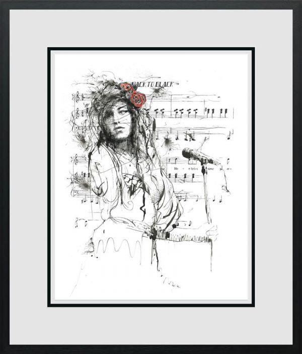 Limited edition giclée print by Scott Tetlow, black-and-white portrait with sheet music and red roses in the hair.