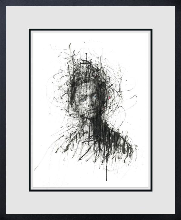 Limited edition Scott Tetlow print featuring a black abstract portrait in expressive ink-like lines on white paper, framed in black.