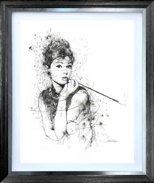 Limited edition Scott Tetlow portrait print in black ink, depicting Audrey Hepburn in an expressive sketch style.