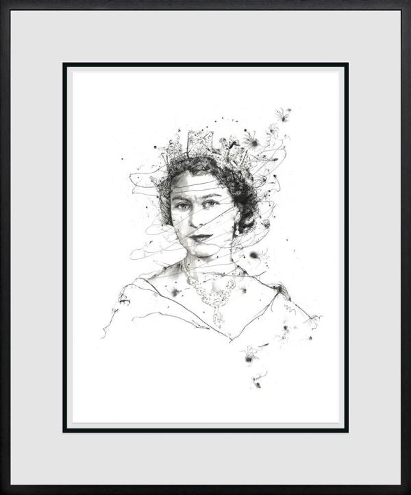 Limited edition print by Scott Tetlow, black-and-white sketch portrait of Queen Elizabeth II with delicate floral details, in a black frame.