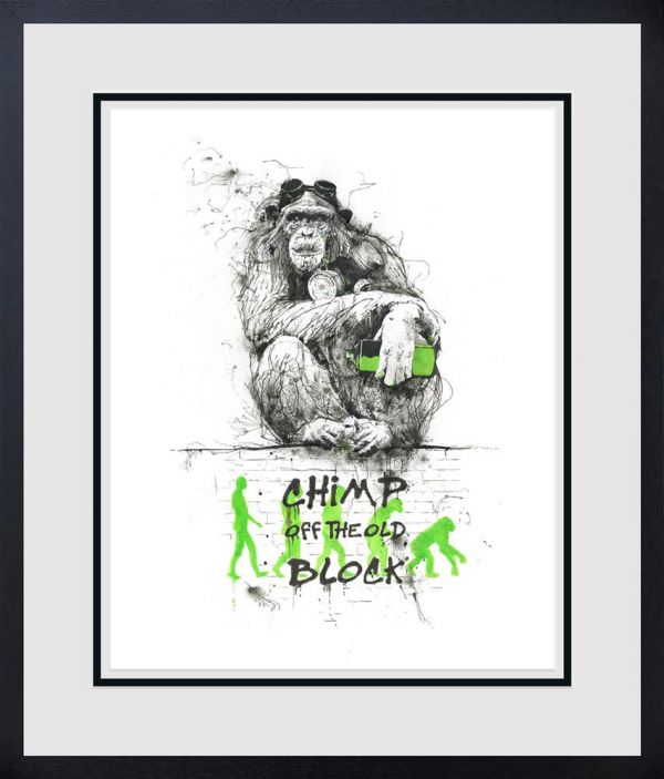 Limited edition giclée print by Scott Tetlow, featuring a black-and-white chimpanzee sketch with vivid green accents and text.